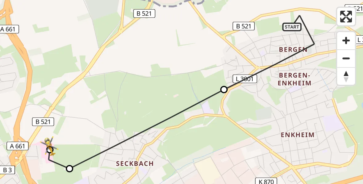 Flugroute Rettungshubschrauber Bergen-Enkheim - Frankfurt am Main Accident Hospital Roof Helipad (CHX2), 08 Februar 2026, 13:58