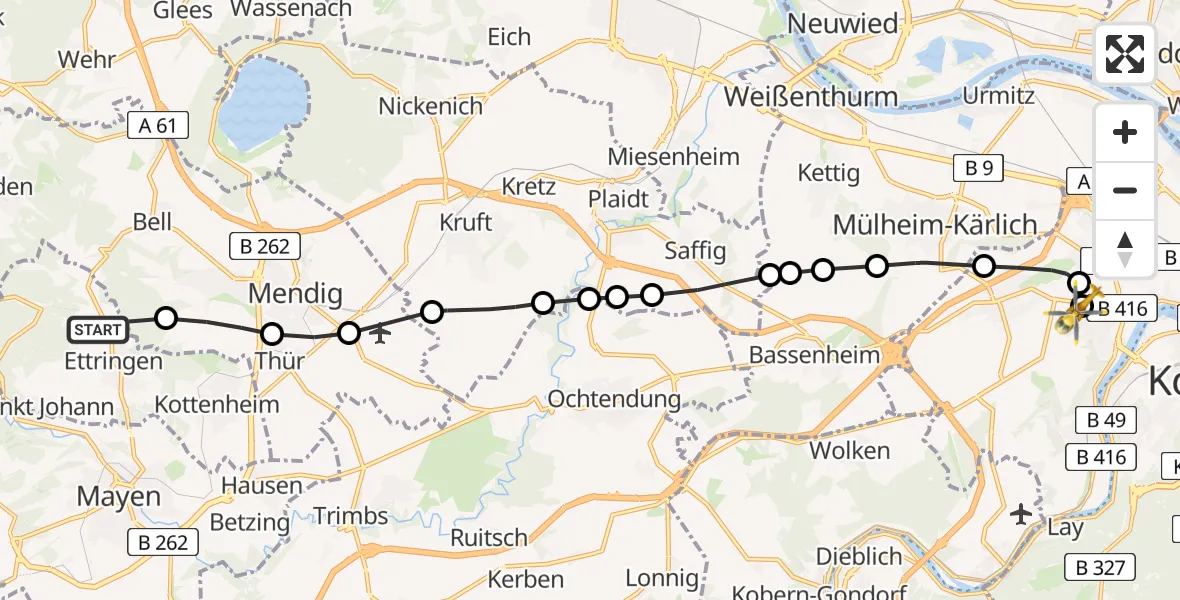 Flugroute Rettungshubschrauber Ettringen - Koblenz, 08 Februar 2026, 14:17
