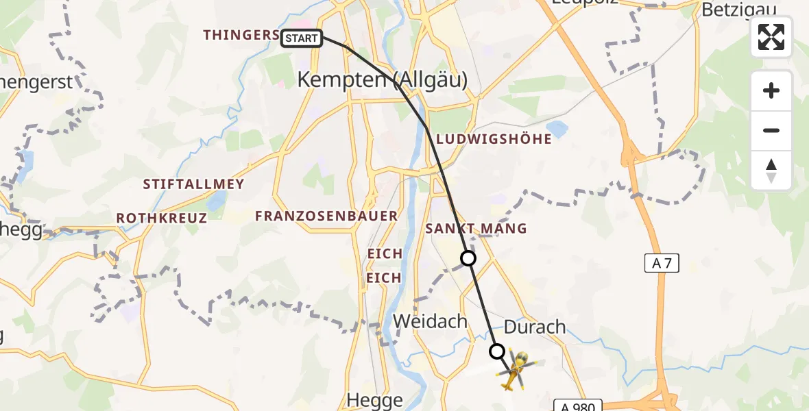 Flugroute Rettungshubschrauber Kempten (Allgäu) - Kempten-Durach Airfield, 08 Februar 2026, 14:18