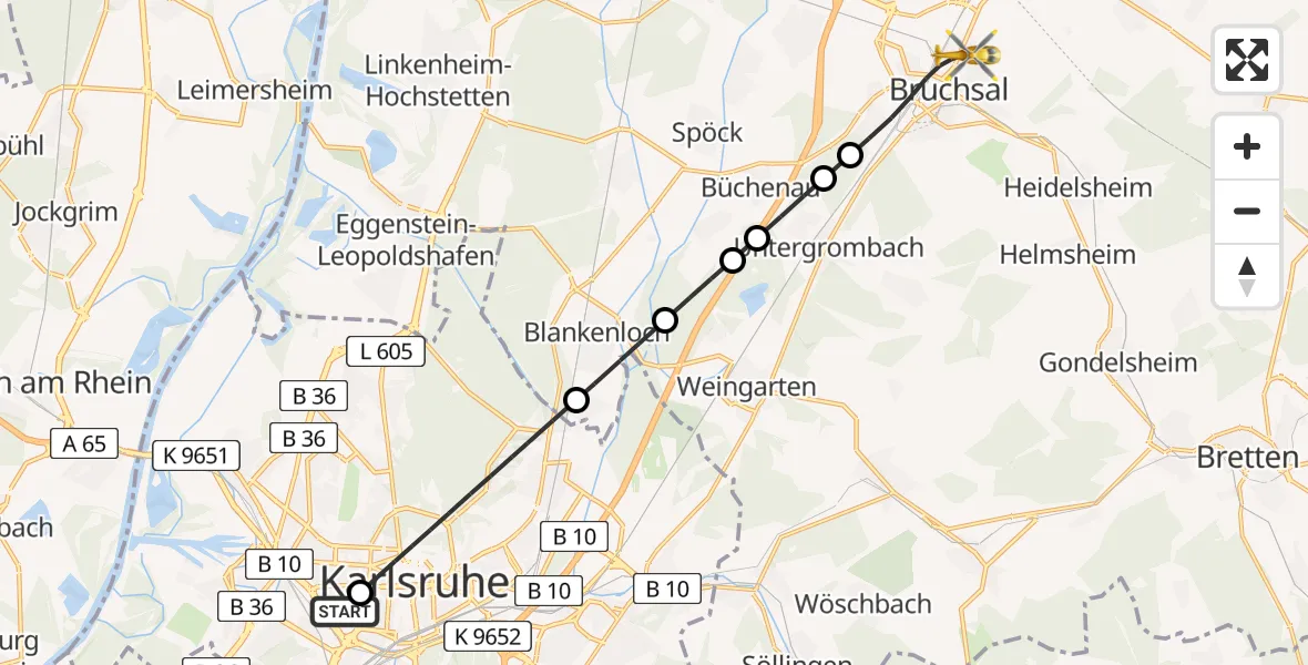 Flugroute Rettungshubschrauber Sankt Vincentius Hospital Heliport - Bruchsal, 08 Februar 2026, 14:21