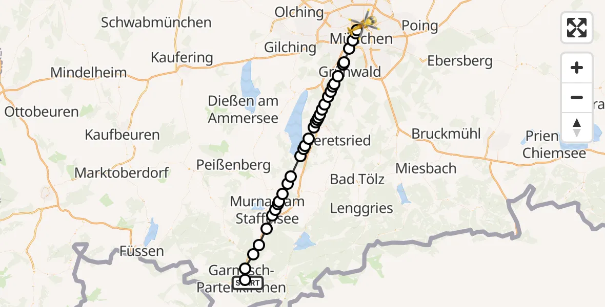 Flugroute Ambulanzhubschrauber Garmisch-Partenkirchen Clinic Heliport - München, 08 Februar 2026, 14:27