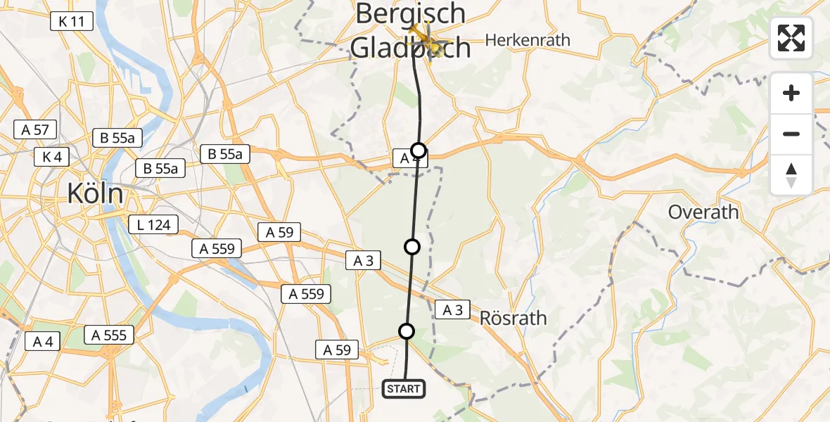 Flugroute Rettungshubschrauber Cologne Bonn Airport - Bergisch Gladbach, 08 Februar 2026, 14:36