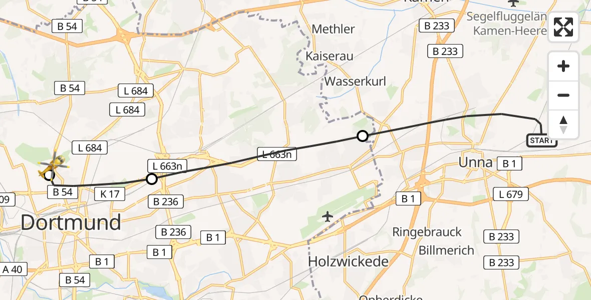 Flugroute Rettungshubschrauber Unna - Dortmund Hospital North Heliport, 08 Februar 2026, 14:43