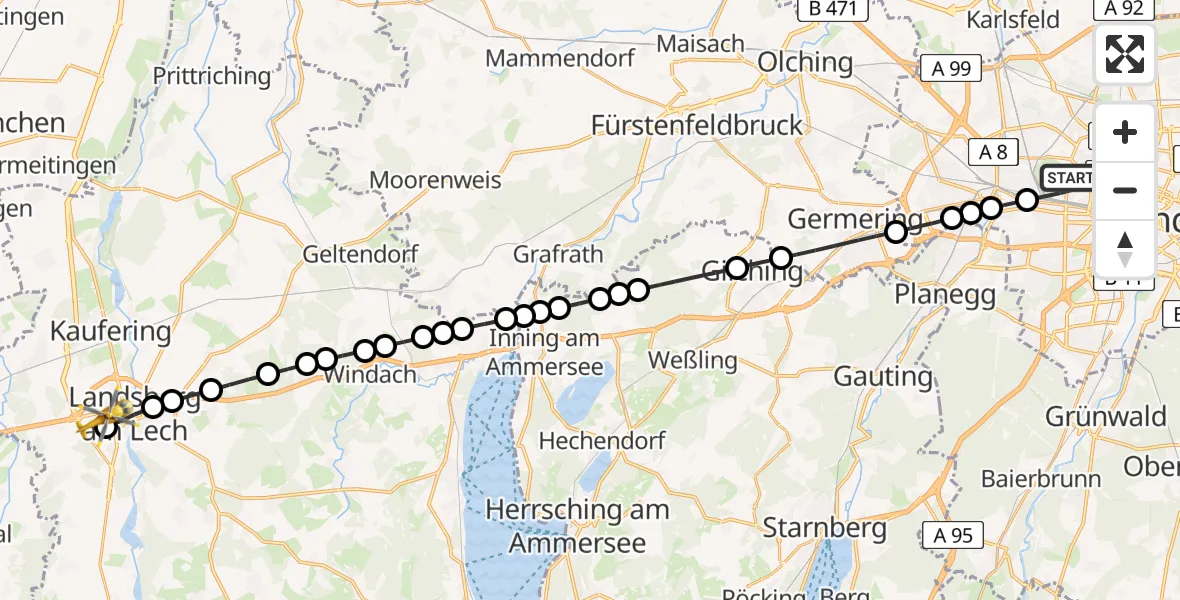 Flugroute Rettungshubschrauber München - Landsberg am Lech Hospital Heliport, 08 Februar 2026, 14:52