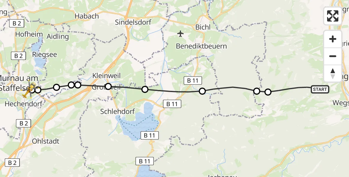 Flugroute Rettungshubschrauber Lenggries - Murnau Accident Hospital Heliport, 08 Februar 2026, 14:54