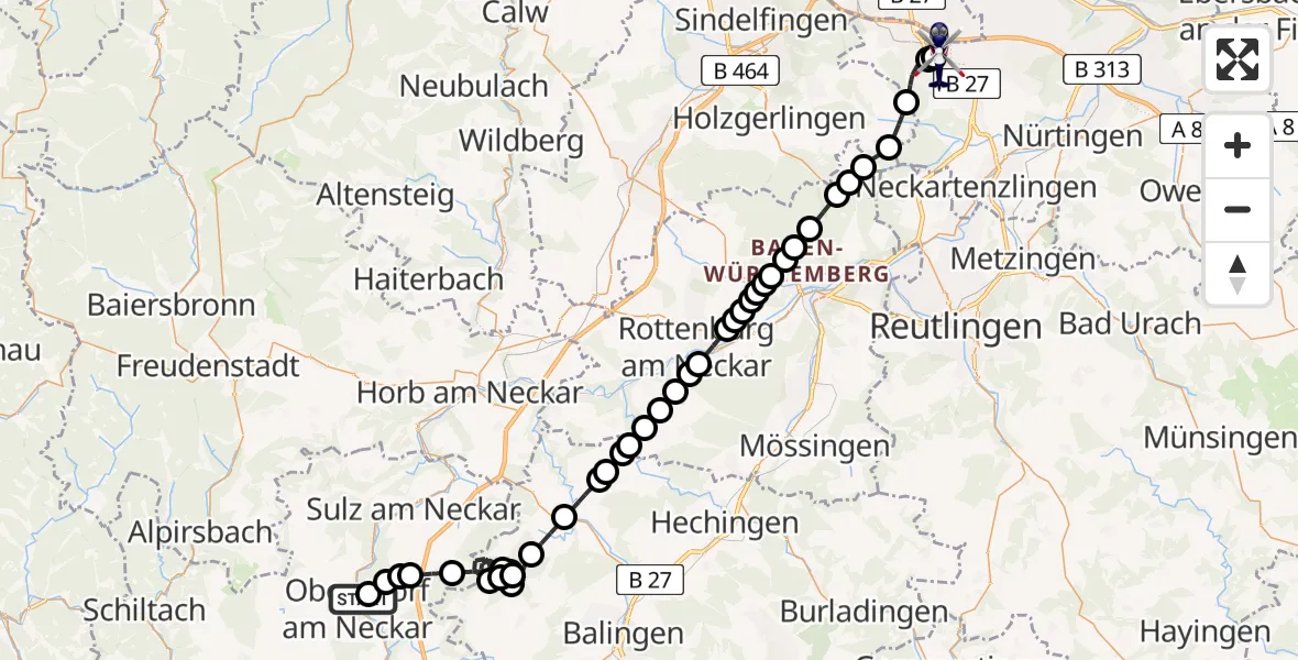 Flugroute Polizeihubschrauber Oberndorf am Neckar - Stuttgart Airport, 08 Februar 2026, 15:15