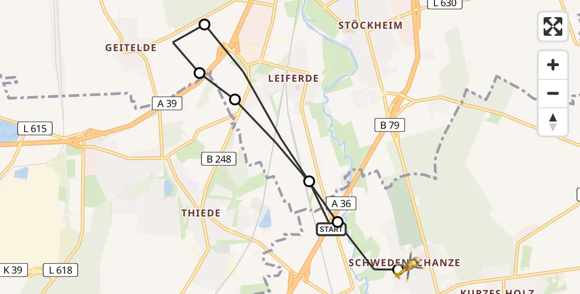 Routekaart van de vlucht: Rettungshubschrauber nach Wolfenbüttel Municipal Hospital Heliport (Christoph 30)