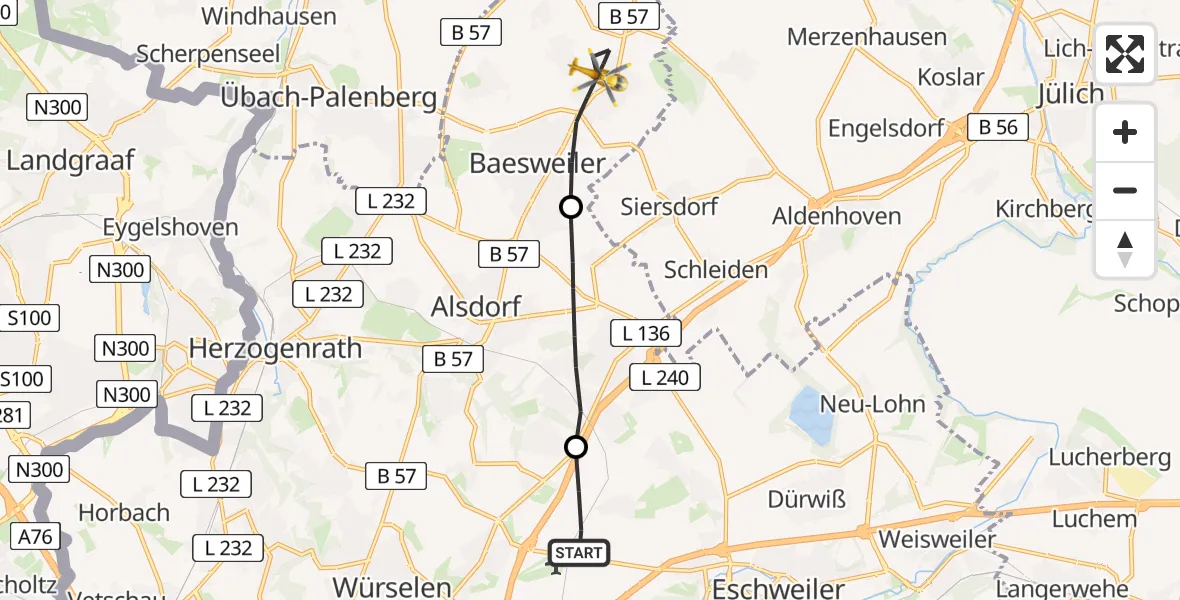Flugroute Rettungshubschrauber Würselen - Baesweiler, 08 Februar 2026, 15:53