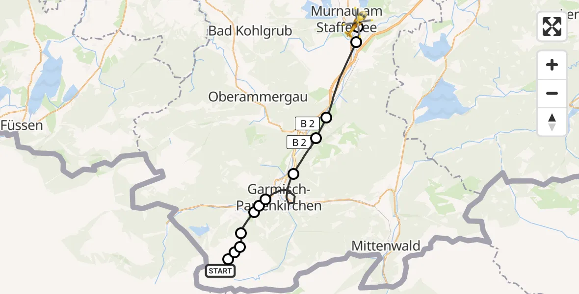 Flugroute Rettungshubschrauber Garmisch-Partenkirchen - Murnau Accident Hospital Heliport, 08 Februar 2026, 15:54