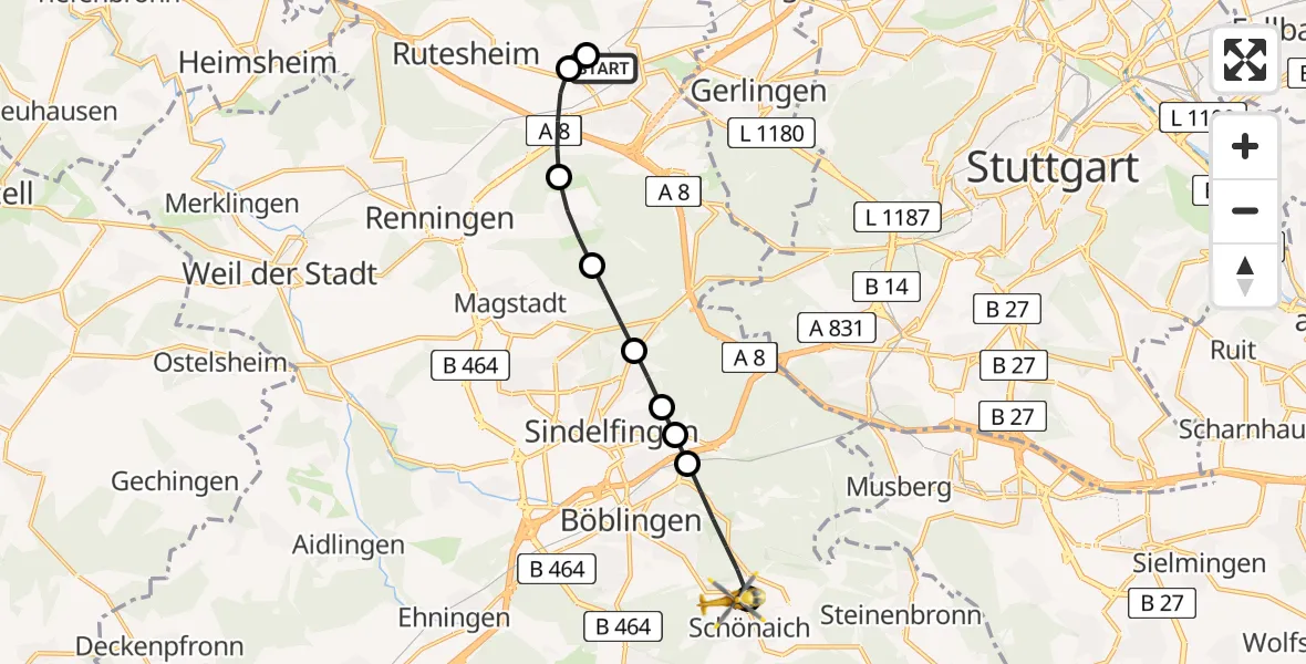 Flugroute Rettungshubschrauber Leonberg Hospital Heliport - Schönaich, 08 Februar 2026, 16:02