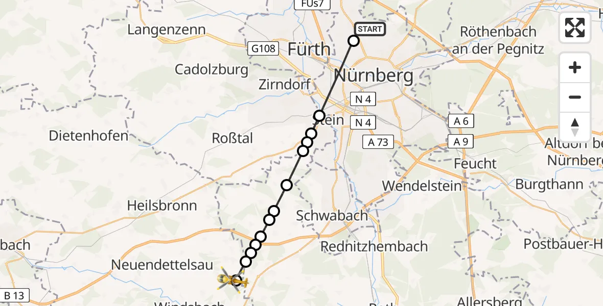 Flugroute Rettungshubschrauber Nuremberg Airport - Windsbach, 08 Februar 2026, 16:04
