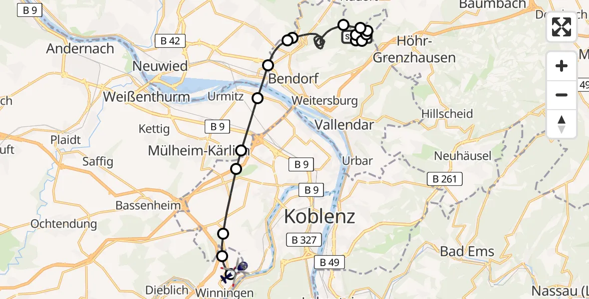 Flugroute Polizeihubschrauber Bendorf - Koblenz-Winningen Airfield, 08 Februar 2026, 16:06