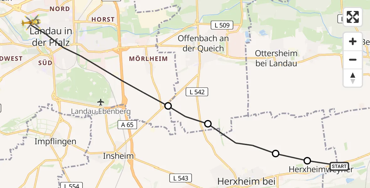 Flugroute Rettungshubschrauber Rülzheim - Landau in der Pfalz, 08 Februar 2026, 16:24