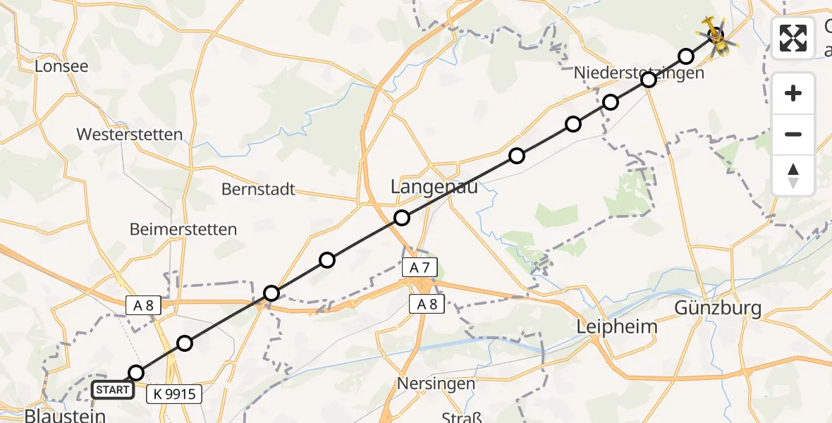 Flugroute Rettungshubschrauber ADAC Air Rescue Station Ulm (Christoph 22) - Brenz, 08 Februar 2026, 16:30