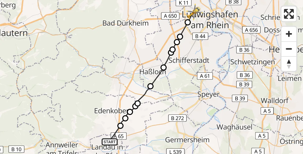 Flugroute Rettungshubschrauber Landau in der Pfalz - Ludwigshafen Accident Hospital Heliport, 08 Februar 2026, 16:41