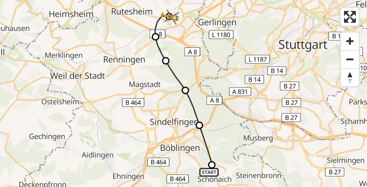 Flugroute Rettungshubschrauber Schönaich - Leonberg Hospital Heliport, 08 Februar 2026, 16:41