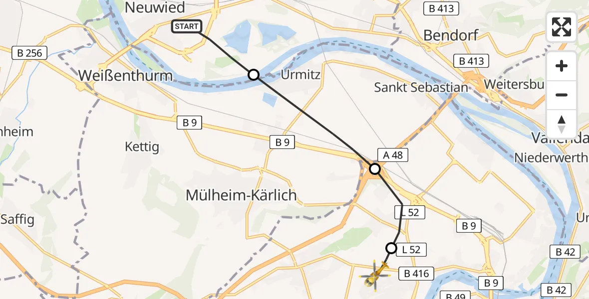 Flugroute Rettungshubschrauber Neuwied - Koblenz, 08 Februar 2026, 17:01