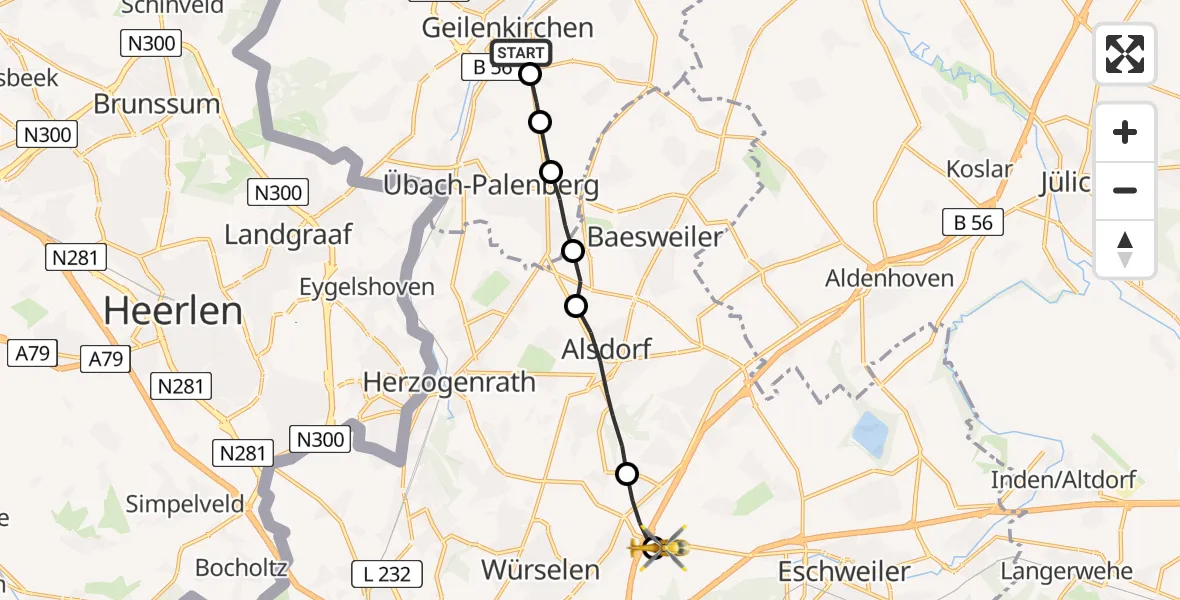 Flugroute Rettungshubschrauber Geilenkirchen - Aachen-Merzbrück Airport, 08 Februar 2026, 17:01