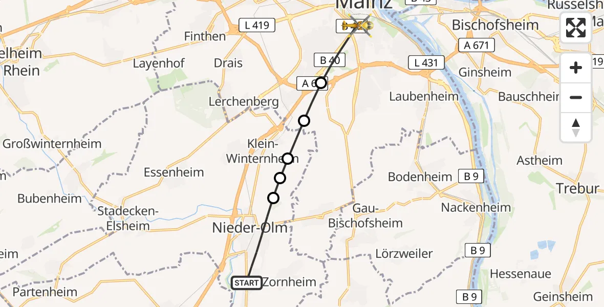 Routekaart van de vlucht: Rettungshubschrauber nach Mainz, Freiligrathstraße