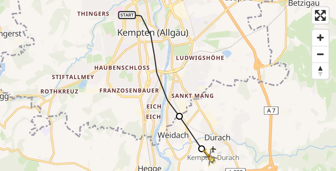 Routekaart van de vlucht: Rettungshubschrauber nach Kempten-Durach Airfield