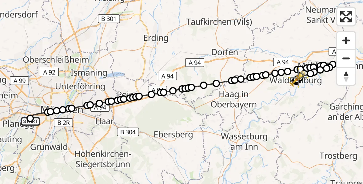 Flugroute Ambulanzhubschrauber DRF Air Rescue München Heliport - Pürten, 08 Februar 2026, 17:26