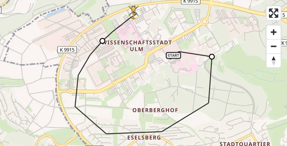 Flugroute Rettungshubschrauber Ulm Military Hospital Emergency Heliport - ADAC Air Rescue Station Ulm (Christoph 22), 08 Februar 2026, 17:57