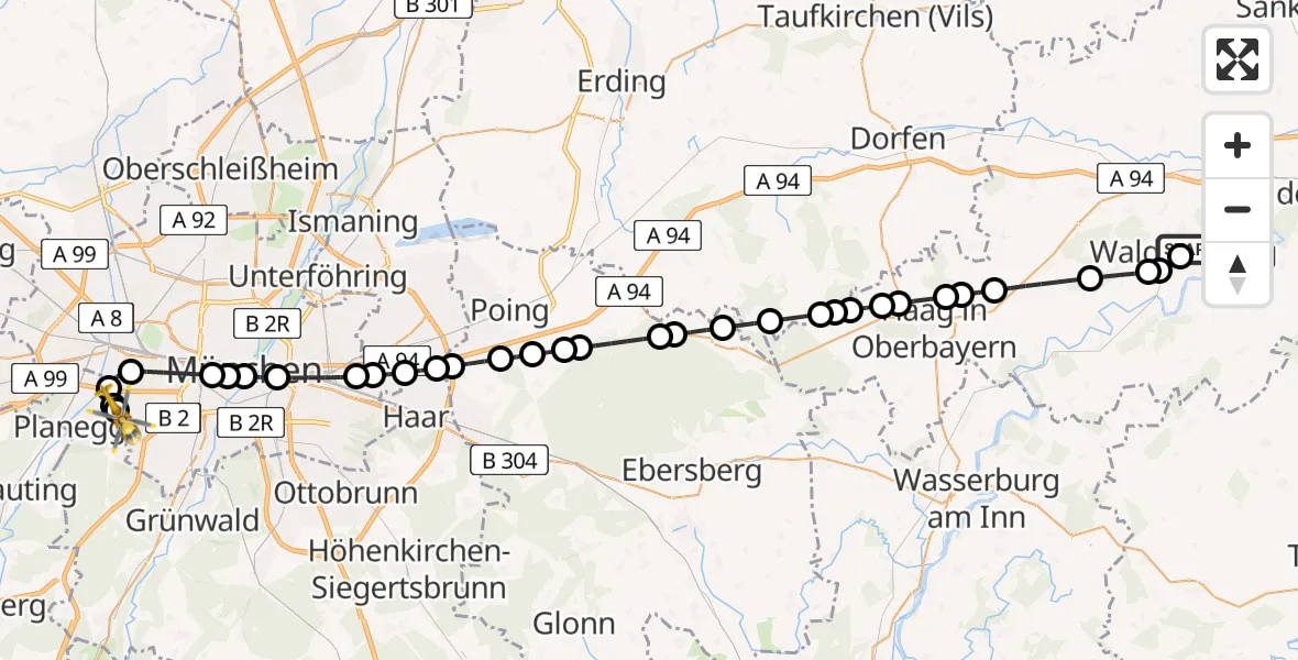 Flugroute Ambulanzhubschrauber Pürten - DRF Air Rescue München Heliport, 08 Februar 2026, 18:19