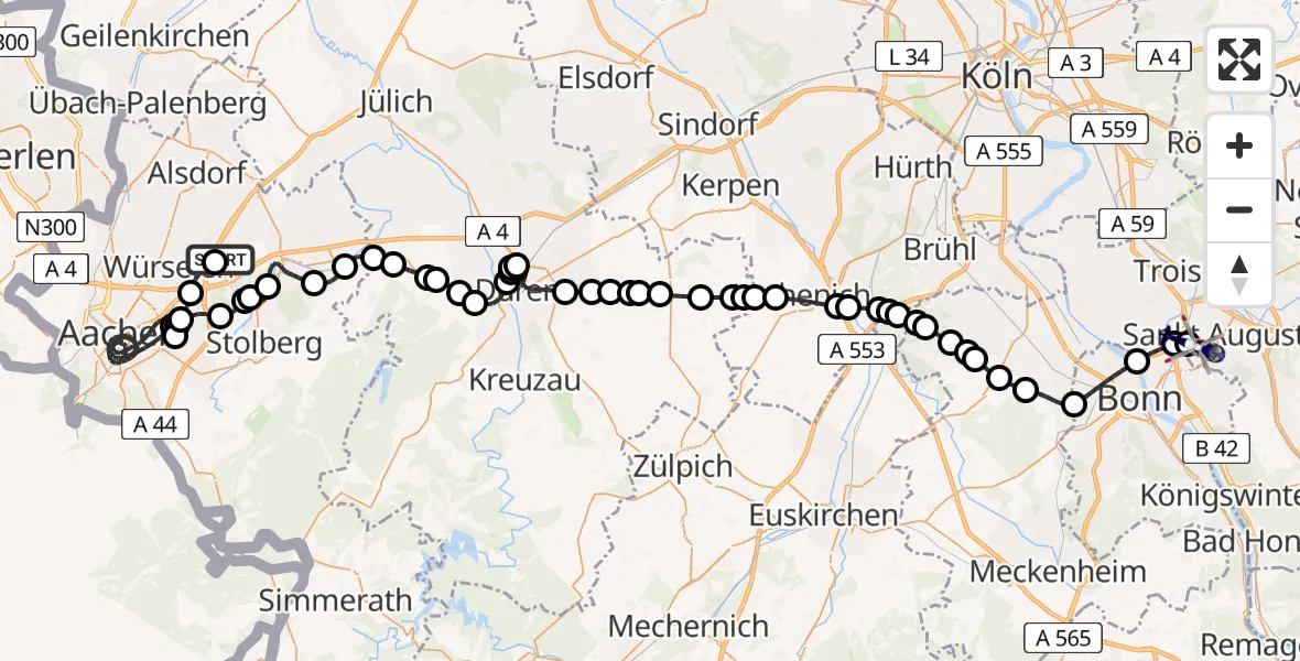 Flugroute Polizeihubschrauber Aachen-Merzbrück Airport - Sankt Augustin, 08 Februar 2026, 18:40