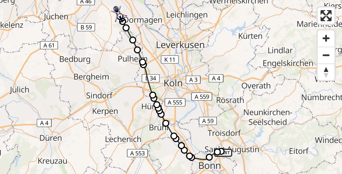 Routekaart van de vlucht: Polizeihubschrauber nach Ückerath, Hoeninger Straße