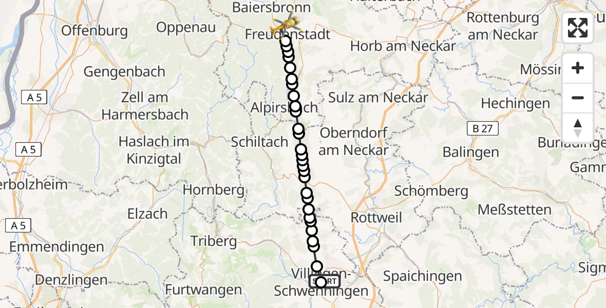 Flugroute Rettungshubschrauber DRF Air Rescue Station Villingen-Schwenningen Heliport (Christoph 11) - Freudenstadt, 08 Februar 2026, 23:18