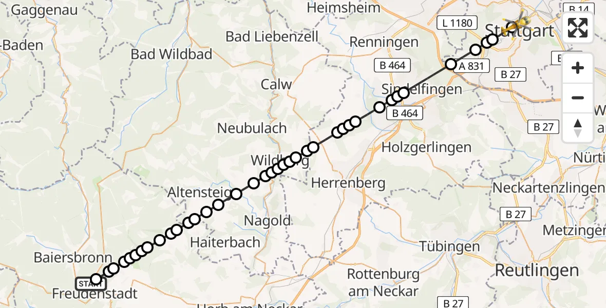 Flugroute Rettungshubschrauber Freudenstadt - Stuttgart, 09 Februar 2026, 00:19