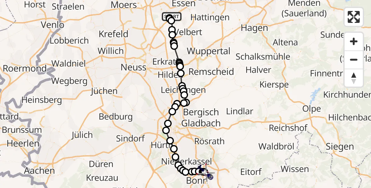 Flugroute Polizeihubschrauber Essen-Mülheim Airport - Sankt Augustin, 09 Februar 2026, 00:37