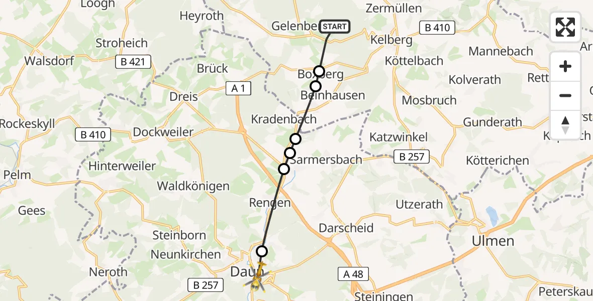 Flugroute Ambulanzhubschrauber Zermüllen - Daun, 09 Februar 2026, 07:08