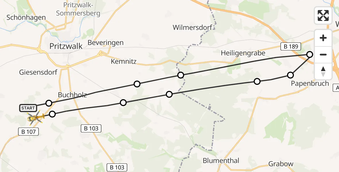 Flugroute Rettungshubschrauber Pritzwalk - Pritzwalk, 09 Februar 2026, 07:26