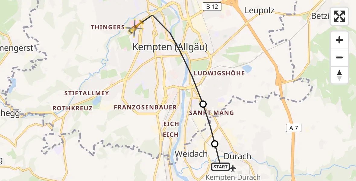 Flugroute Rettungshubschrauber Kempten-Durach Airfield - Kempten (Allgäu), 09 Februar 2026, 07:45