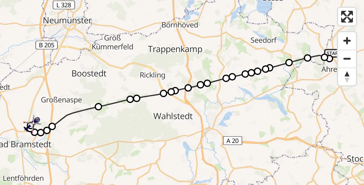 Flugroute Polizeihubschrauber Christoph 12 Luftrettungszentrum - Bad Bramstedt Heliport, 09 Februar 2026, 07:48