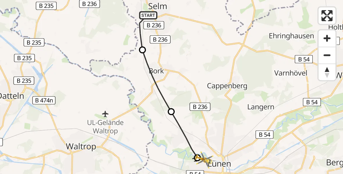 Flugroute Rettungshubschrauber Selm - Lünen, 09 Februar 2026, 08:25
