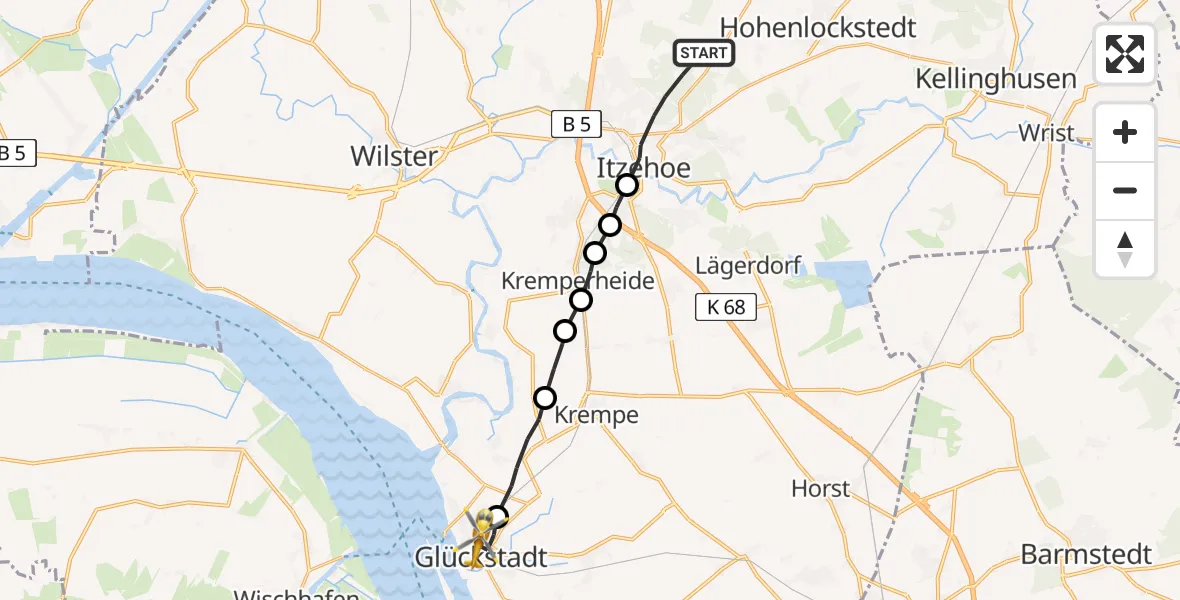 Flugroute Rettungshubschrauber Itzehoe - Glückstadt, 09 Februar 2026, 08:25