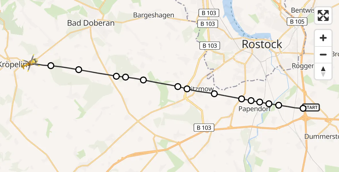 Flugroute Ambulanzhubschrauber Dummerstorf - Kröpelin, 09 Februar 2026, 08:27
