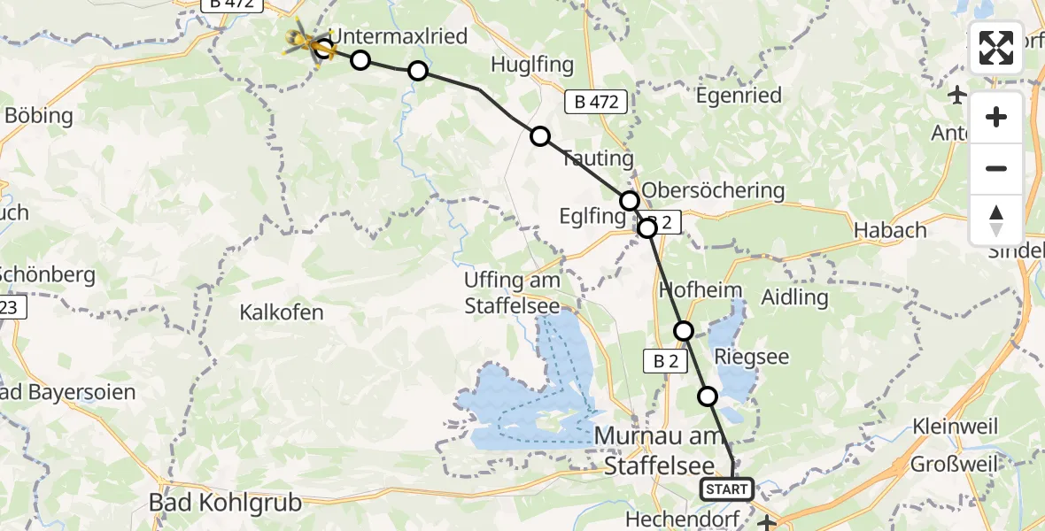 Flugroute Rettungshubschrauber Hechendorf - Oberhausen, 09 Februar 2026, 08:33
