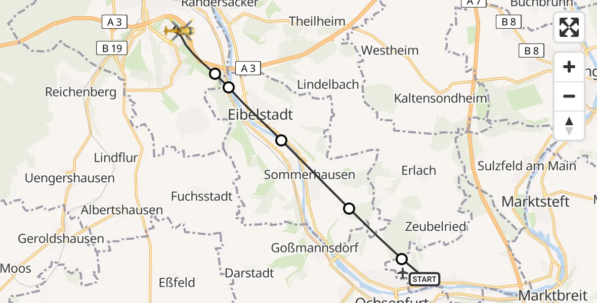 Flugroute Rettungshubschrauber Frickenhausen am Main - Würzburg, 09 Februar 2026, 08:35