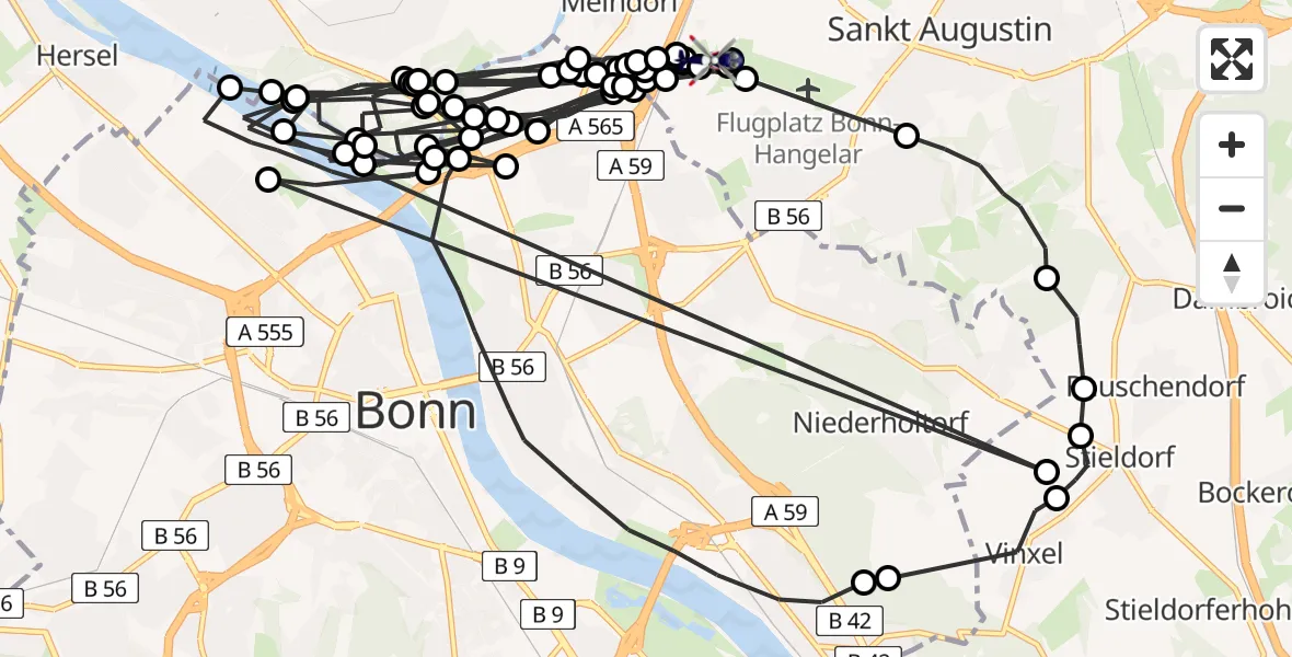 Flugroute Polizeihubschrauber Sankt Augustin - Meindorf, 09 Februar 2026, 08:36