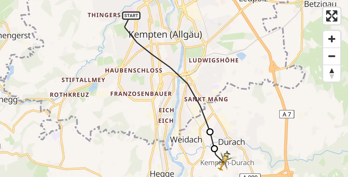 Flugroute Rettungshubschrauber Kempten (Allgäu) - Kempten-Durach Airfield, 09 Februar 2026, 08:39