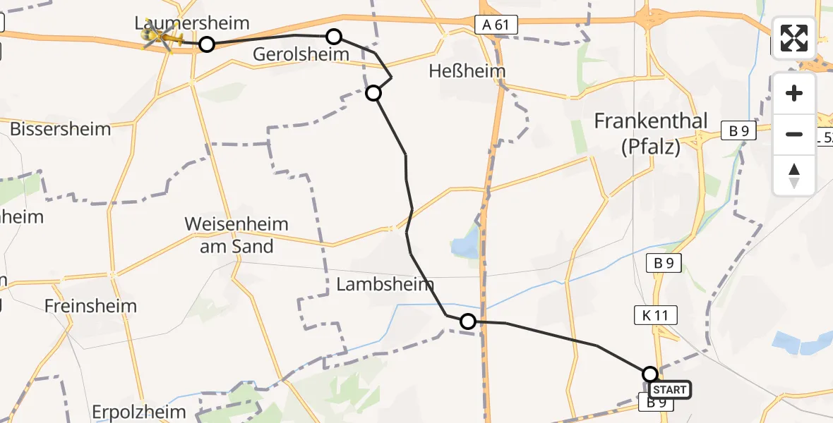 Flugroute Rettungshubschrauber Ludwigshafen am Rhein - Laumersheim, 09 Februar 2026, 08:44