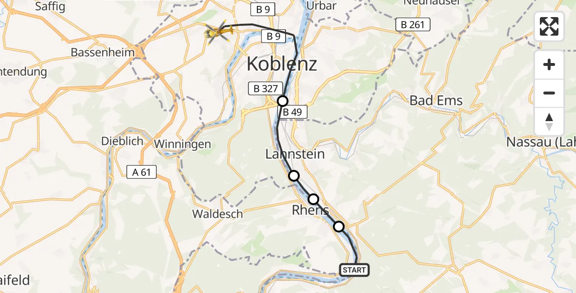 Flugroute Rettungshubschrauber Spay - Koblenz, 09 Februar 2026, 08:48