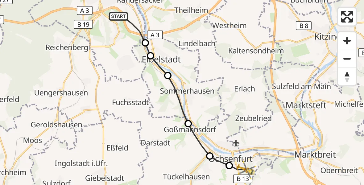 Flugroute Rettungshubschrauber Würzburg - Ochsenfurt, 09 Februar 2026, 09:02