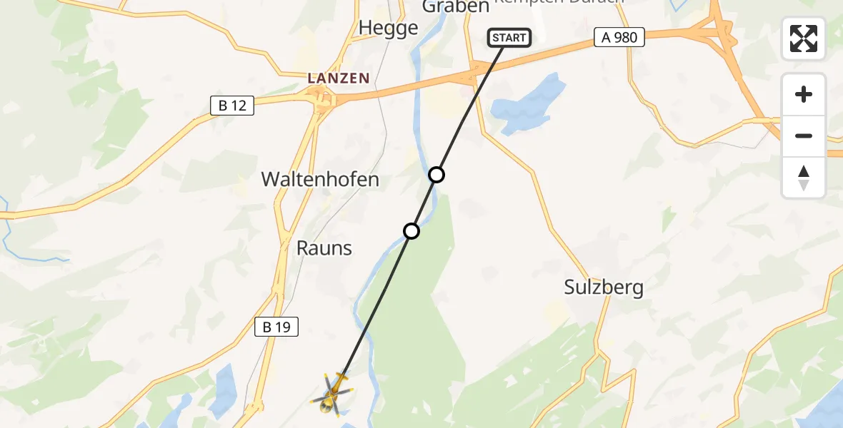 Flugroute Rettungshubschrauber Graben - Waltenhofen, 09 Februar 2026, 09:08