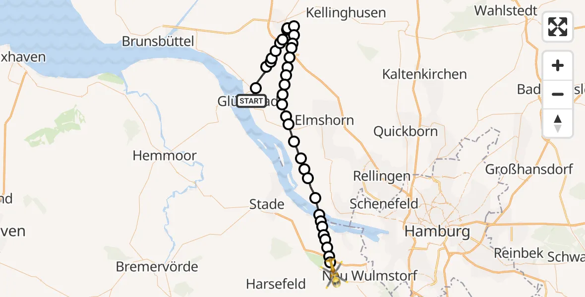 Flugroute Rettungshubschrauber Glückstadt - Buxtehude, 09 Februar 2026, 09:14