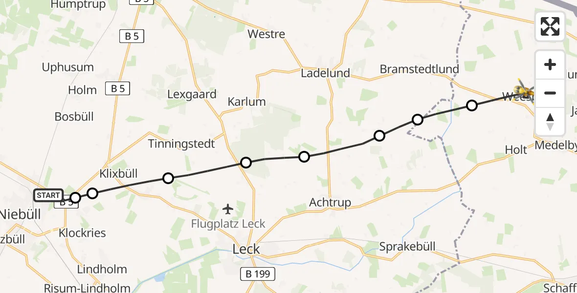 Flugroute Rettungshubschrauber Niebüll - Weesby, 09 Februar 2026, 09:19
