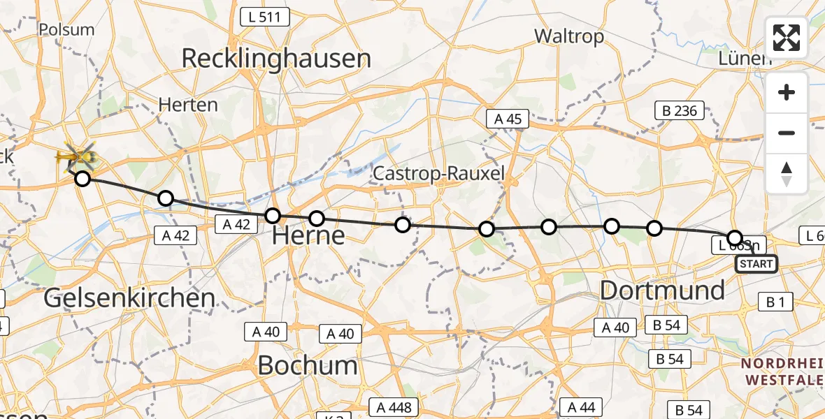 Flugroute Rettungshubschrauber Brackel - Gelsenkirchen-Nord, 09 Februar 2026, 09:23
